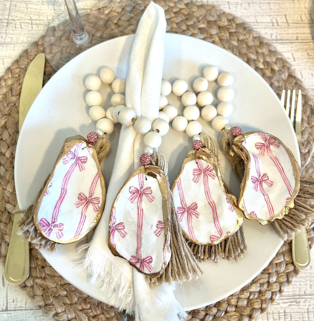 PINK BOWS Beach Bachelorette napkin Ring. Bachelorette favor shell napkin ring bow.