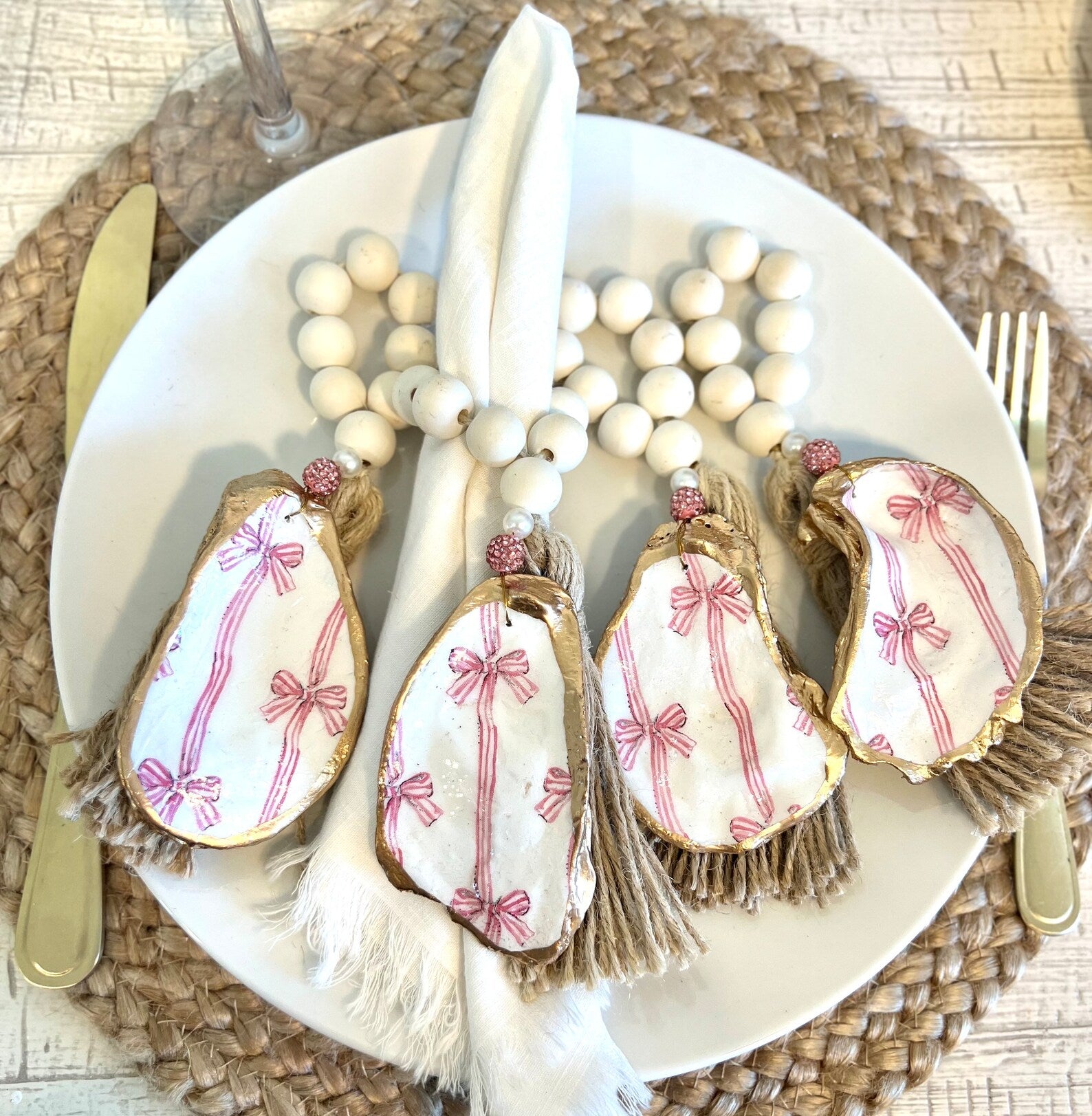 PINK BOWS Beach Bachelorette napkin Ring. Bachelorette favor shell napkin ring bow.