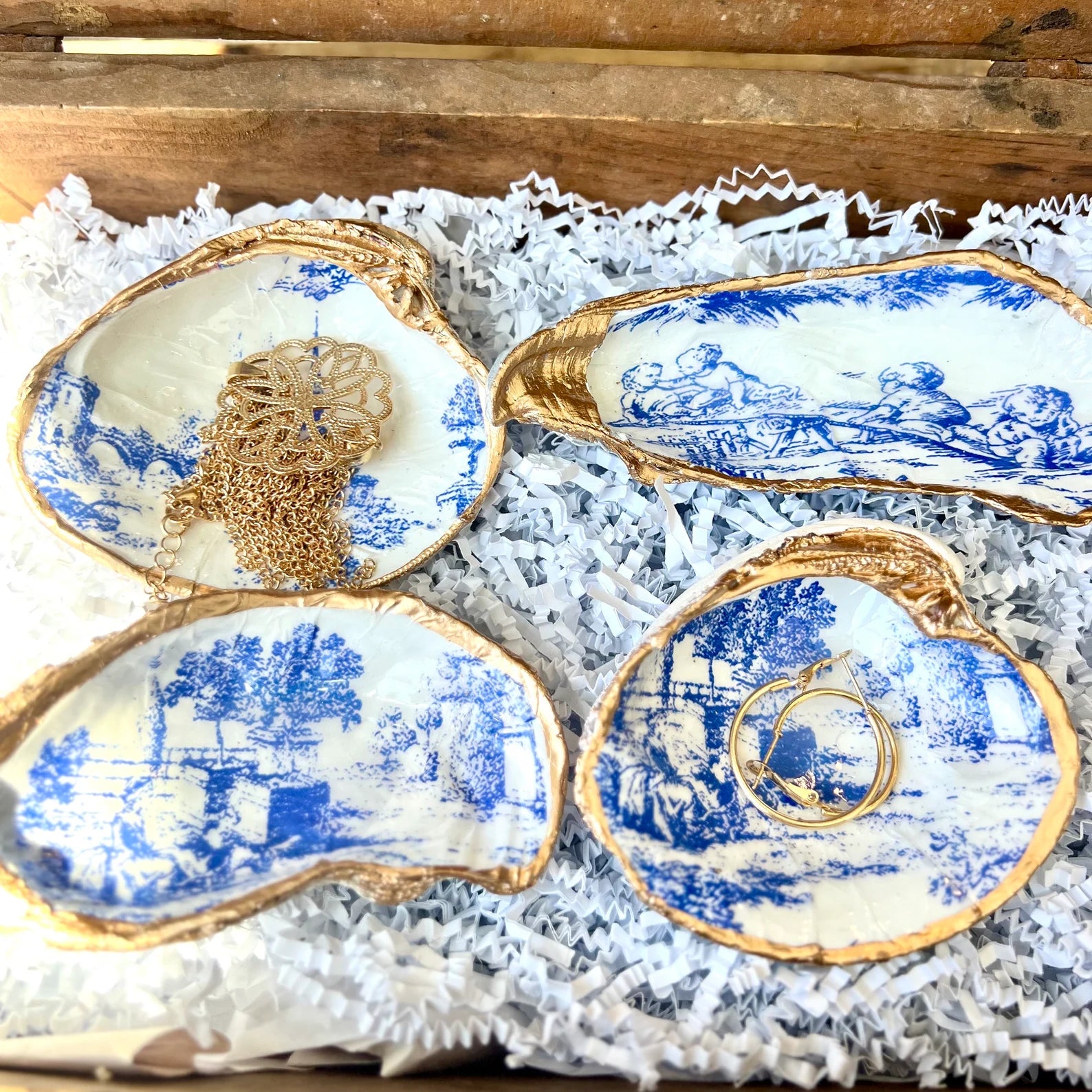 Blue toile bridal shower gift idea shell ring Dish. Bridal shower favor idea