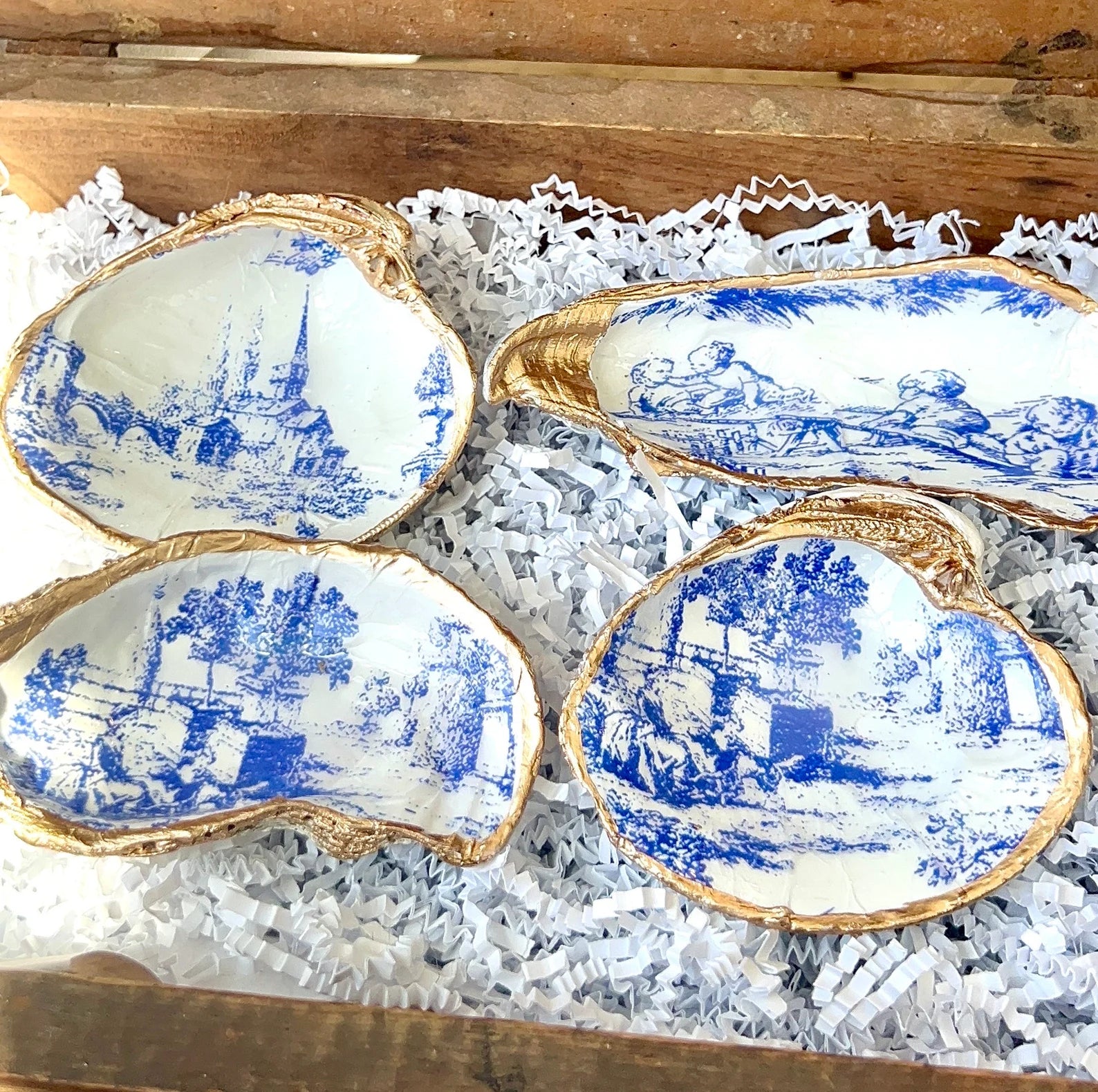 Blue toile bridal shower gift idea shell ring Dish. Bridal shower favor idea