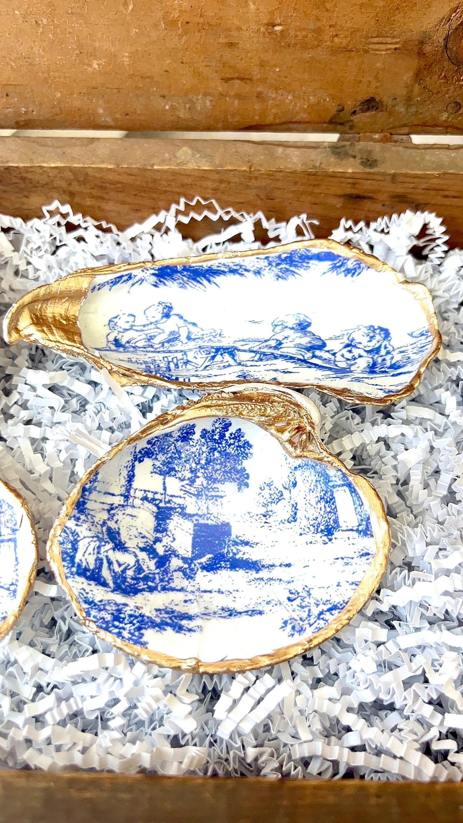 Blue toile bridal shower gift idea shell ring Dish. Bridal shower favor idea