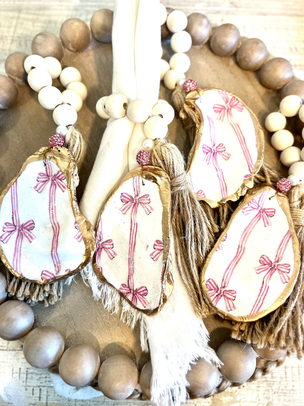 PINK BOWS Beach Bachelorette napkin Ring. Bachelorette favor shell napkin ring bow.