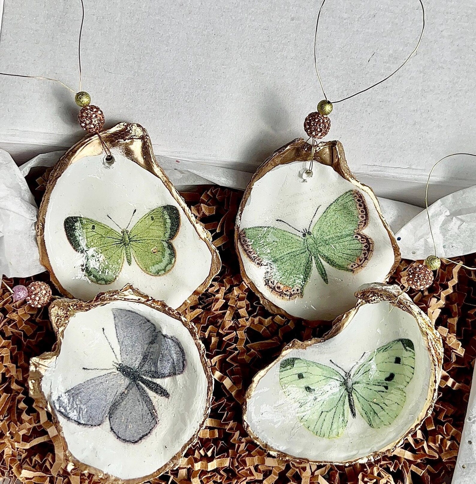 Butterfly shell Ornament gift set. Butterfly oyster shell favor