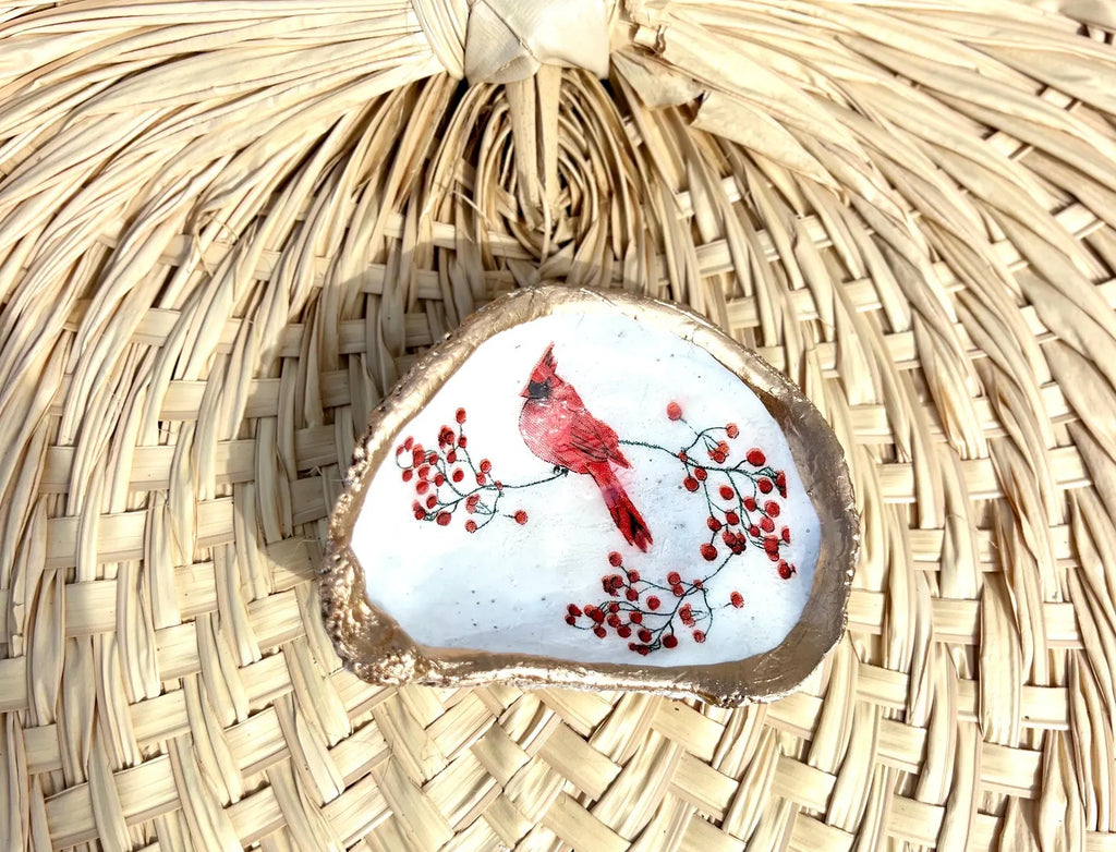 Cardinal Shell Jewelry Dish Memorial Gift. Red Cardinal ring dish funeral favor idea.