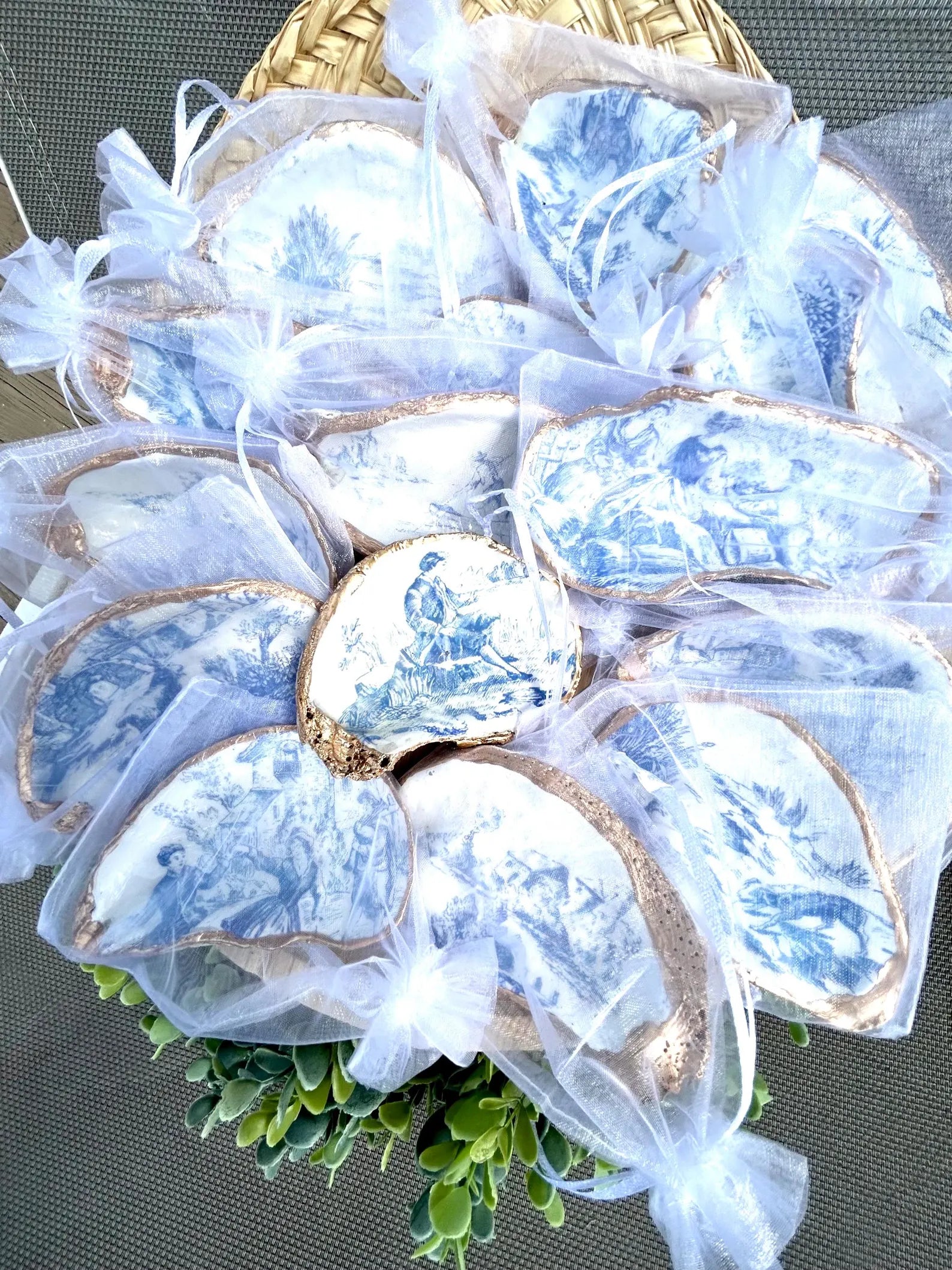 Blue toile bridal shower gift idea shell ring Dish. Bridal shower favor idea