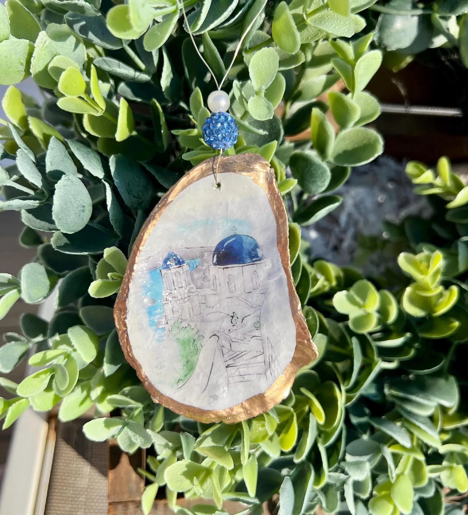 GREECE OYSTER SHELL Ornament. Santorini Greece christmas ornament.
