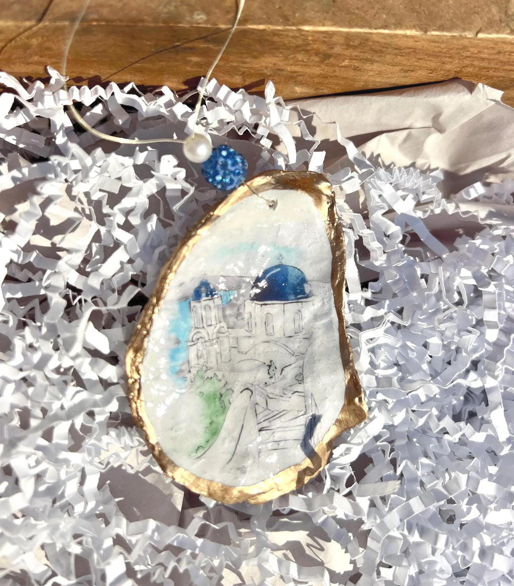GREECE OYSTER SHELL Ornament. Santorini Greece christmas ornament.