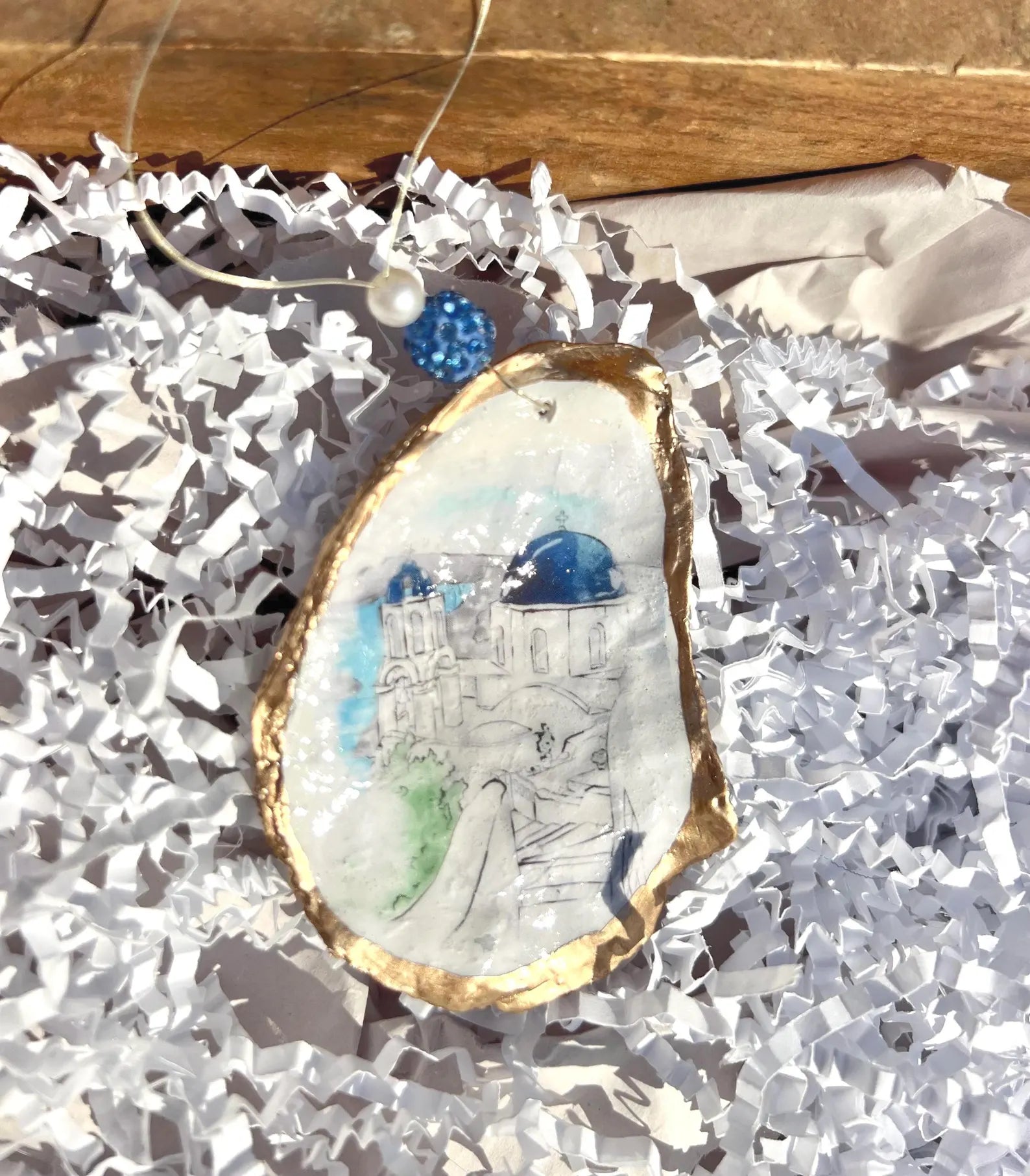GREECE OYSTER SHELL Ornament. Santorini Greece christmas ornament.