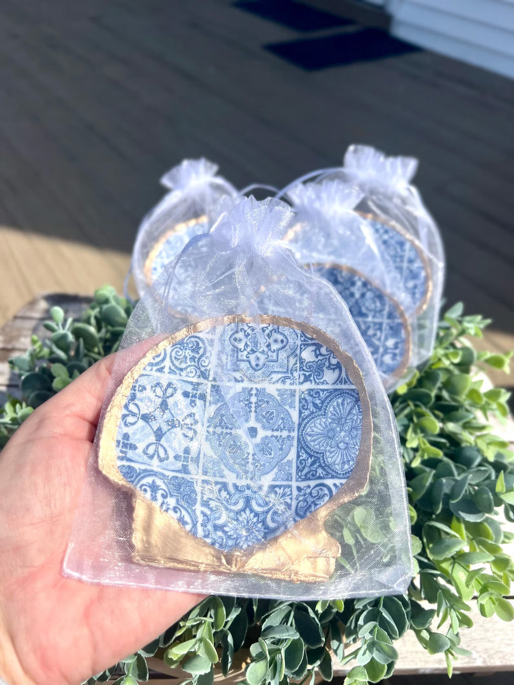Mediterranean blue tile party favor decoupaged Shell Dish