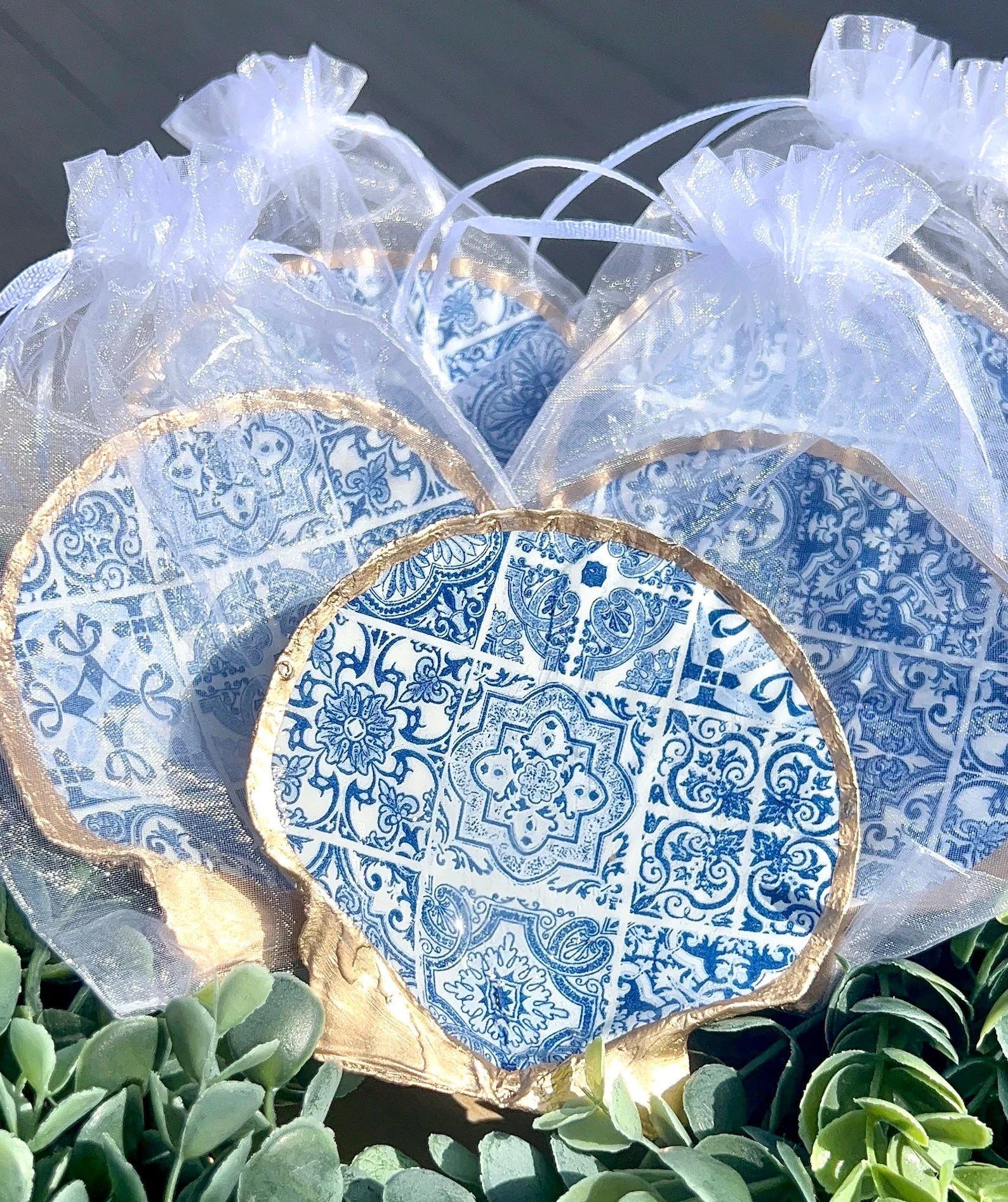 Mediterranean blue tile party favor decoupaged Shell Dish