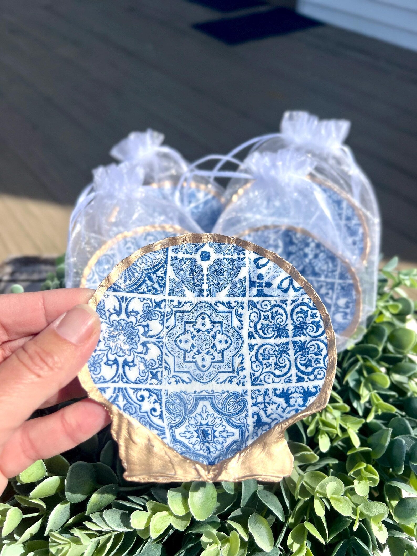Mediterranean blue tile party favor decoupaged Shell Dish
