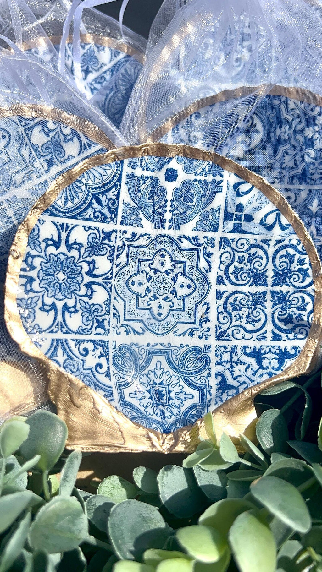 Mediterranean blue tile party favor decoupaged Shell Dish