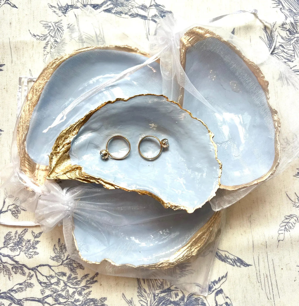 Dusty blue bridal shower favor idea shell dish. Coastal bridal shower trinket dish favor