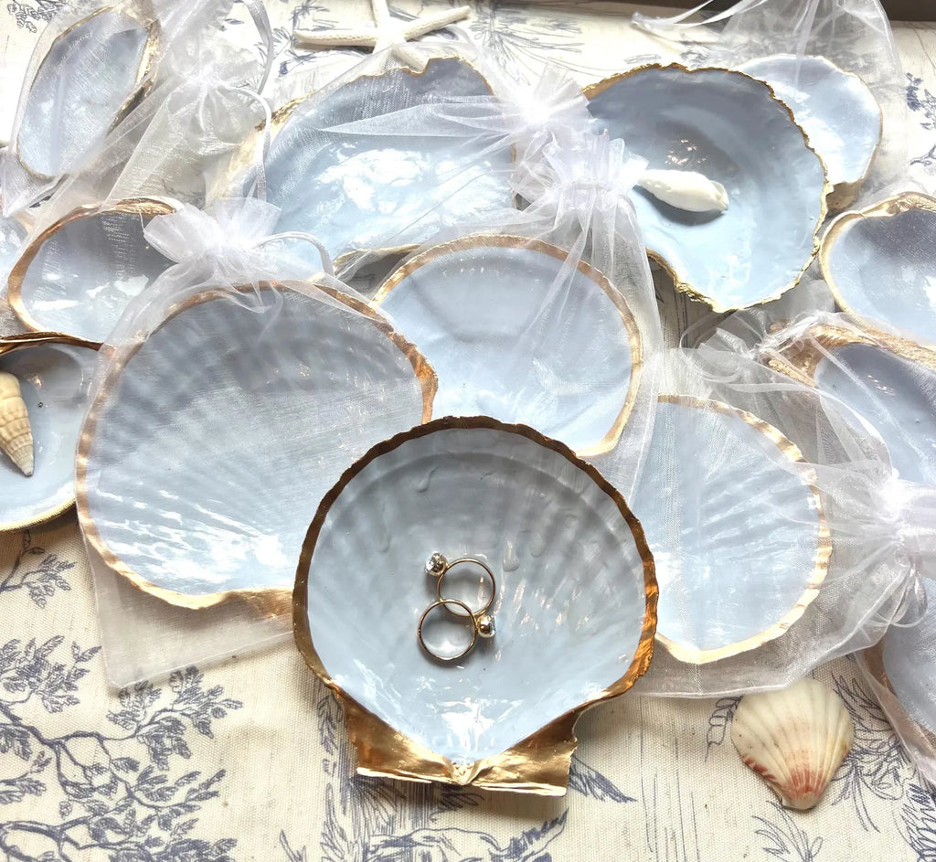 Dusty blue bridal shower favor idea shell dish. Coastal bridal shower trinket dish favor