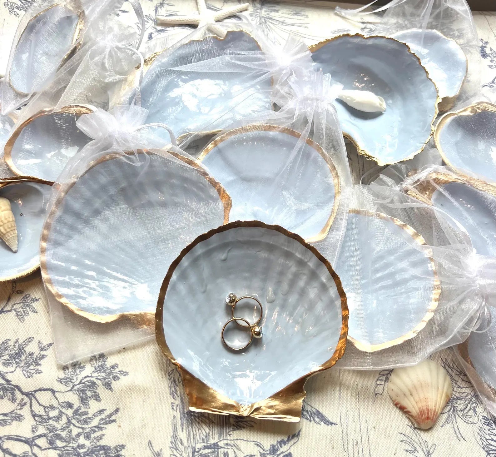 Dusty blue bridal shower favor idea shell dish. Coastal bridal shower trinket dish favor