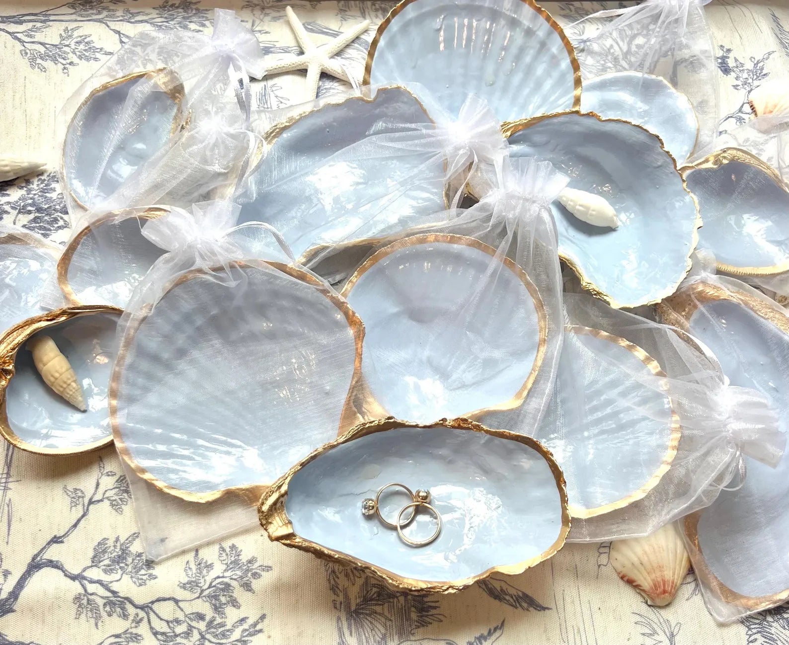 Dusty blue bridal shower favor idea shell dish. Coastal bridal shower trinket dish favor