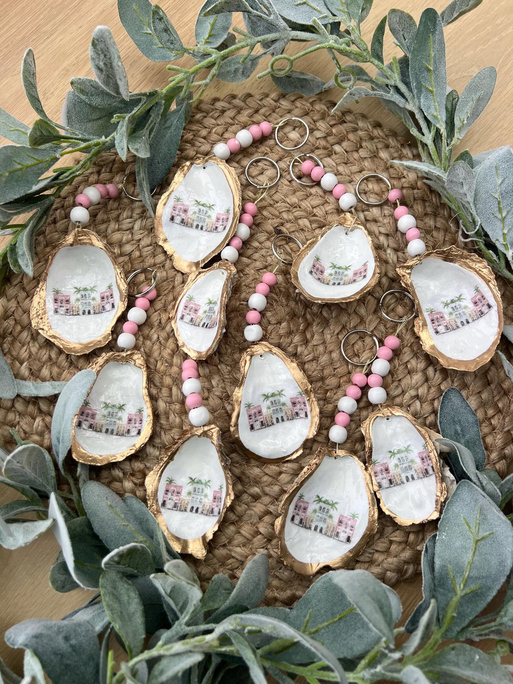 Charleston bachelorette favor bag charm Rainbow row Charleston shell keychain.