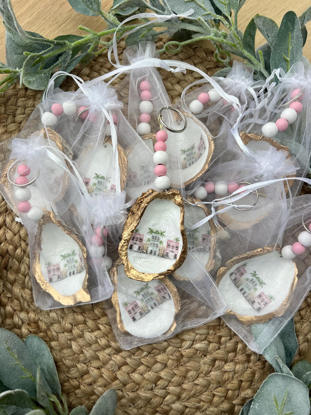 Charleston bachelorette favor bag charm Rainbow row Charleston shell keychain.