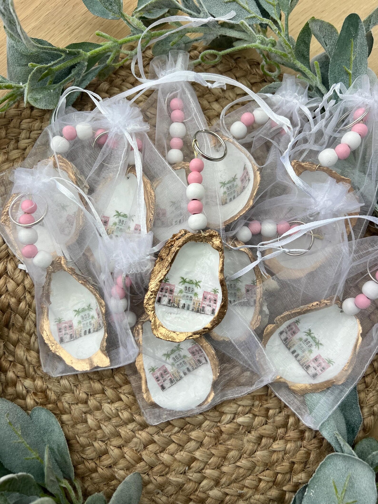 Charleston bachelorette favor bag charm Rainbow row Charleston shell keychain.