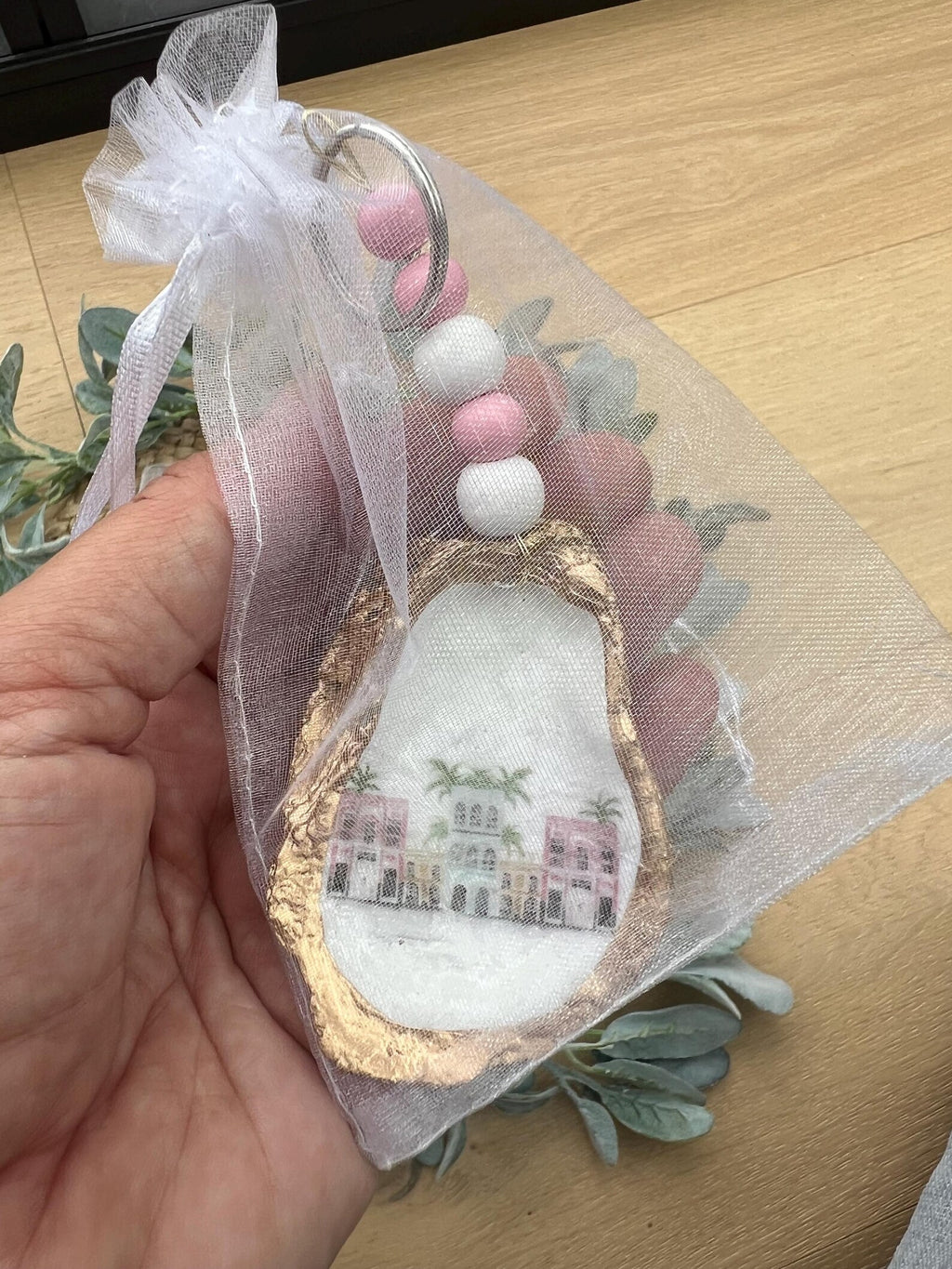 Charleston bachelorette favor bag charm Rainbow row Charleston shell keychain.