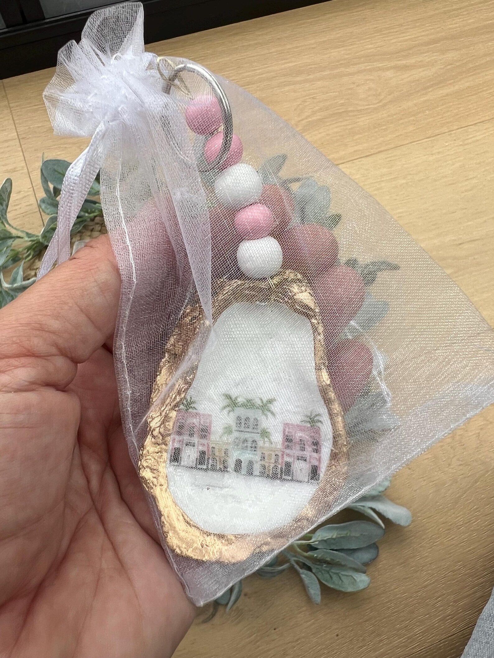 Charleston bachelorette favor bag charm Rainbow row Charleston shell keychain.