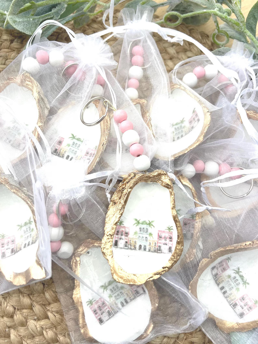 Charleston bachelorette favor bag charm Rainbow row Charleston shell keychain.