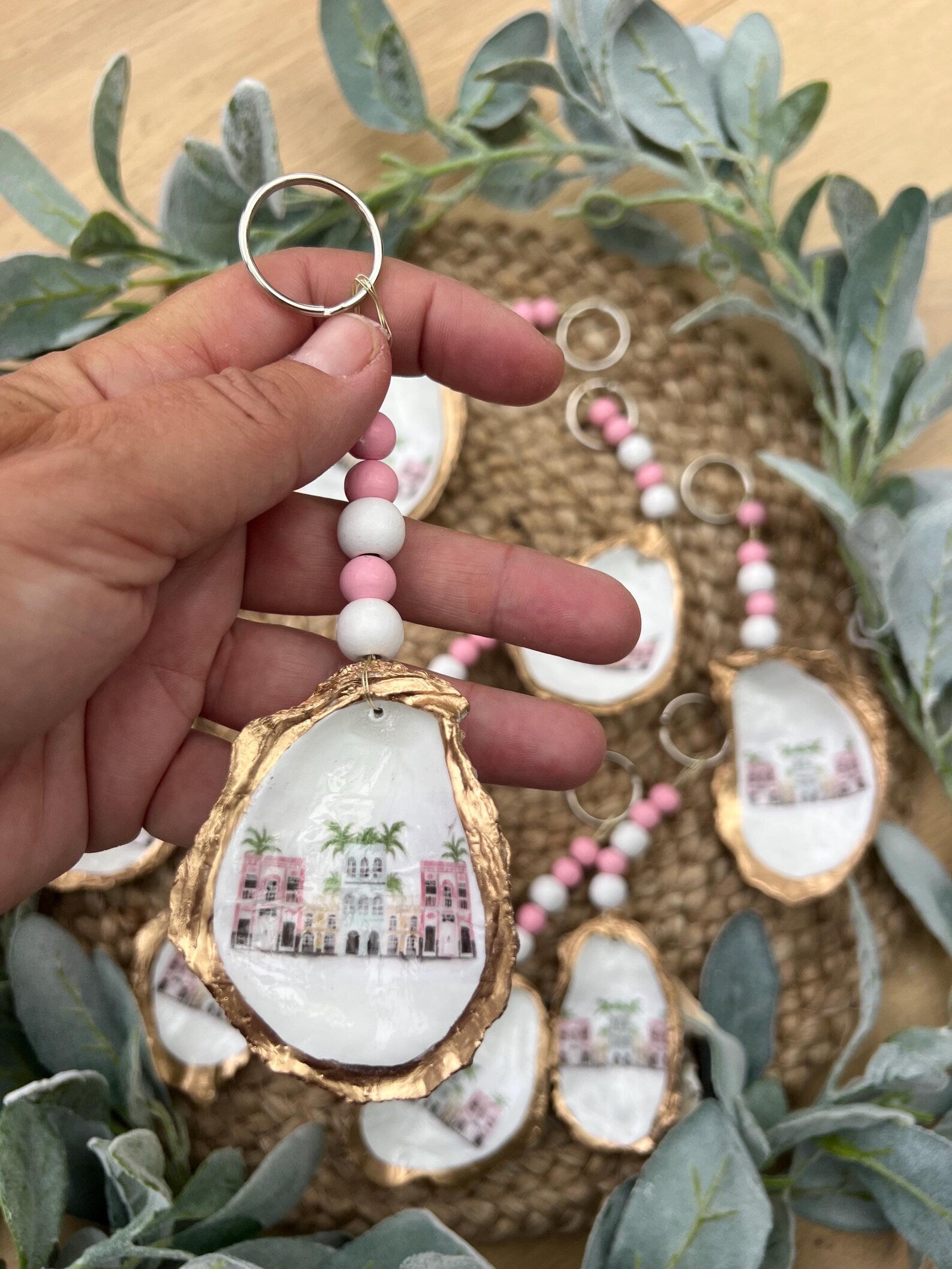 Charleston bachelorette favor bag charm Rainbow row Charleston shell keychain.