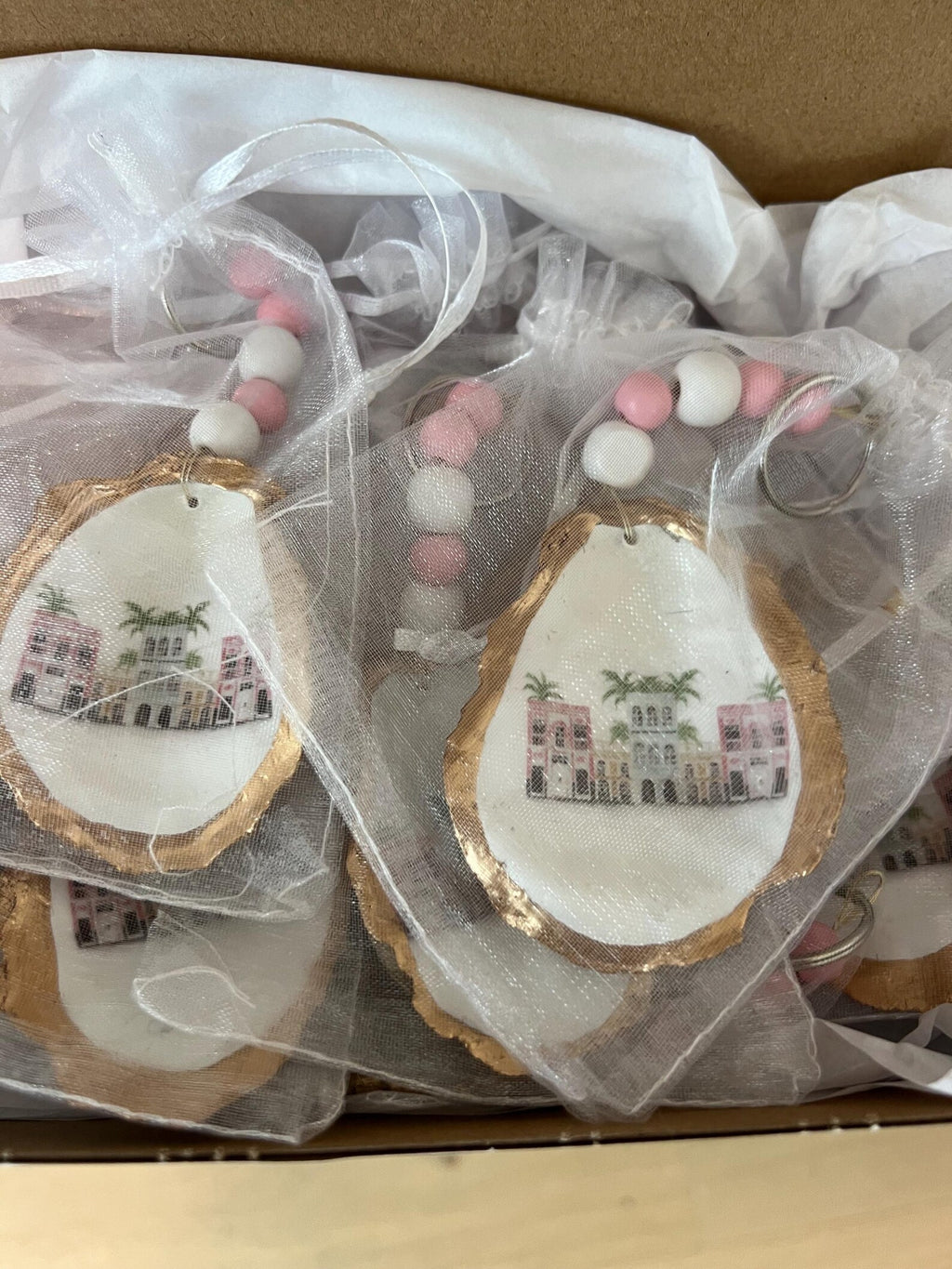 Charleston bachelorette favor bag charm Rainbow row Charleston shell keychain.