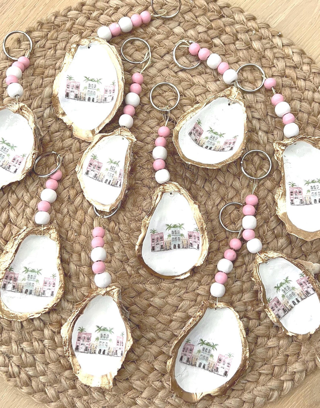 Charleston bachelorette favor bag charm Rainbow row Charleston shell keychain.