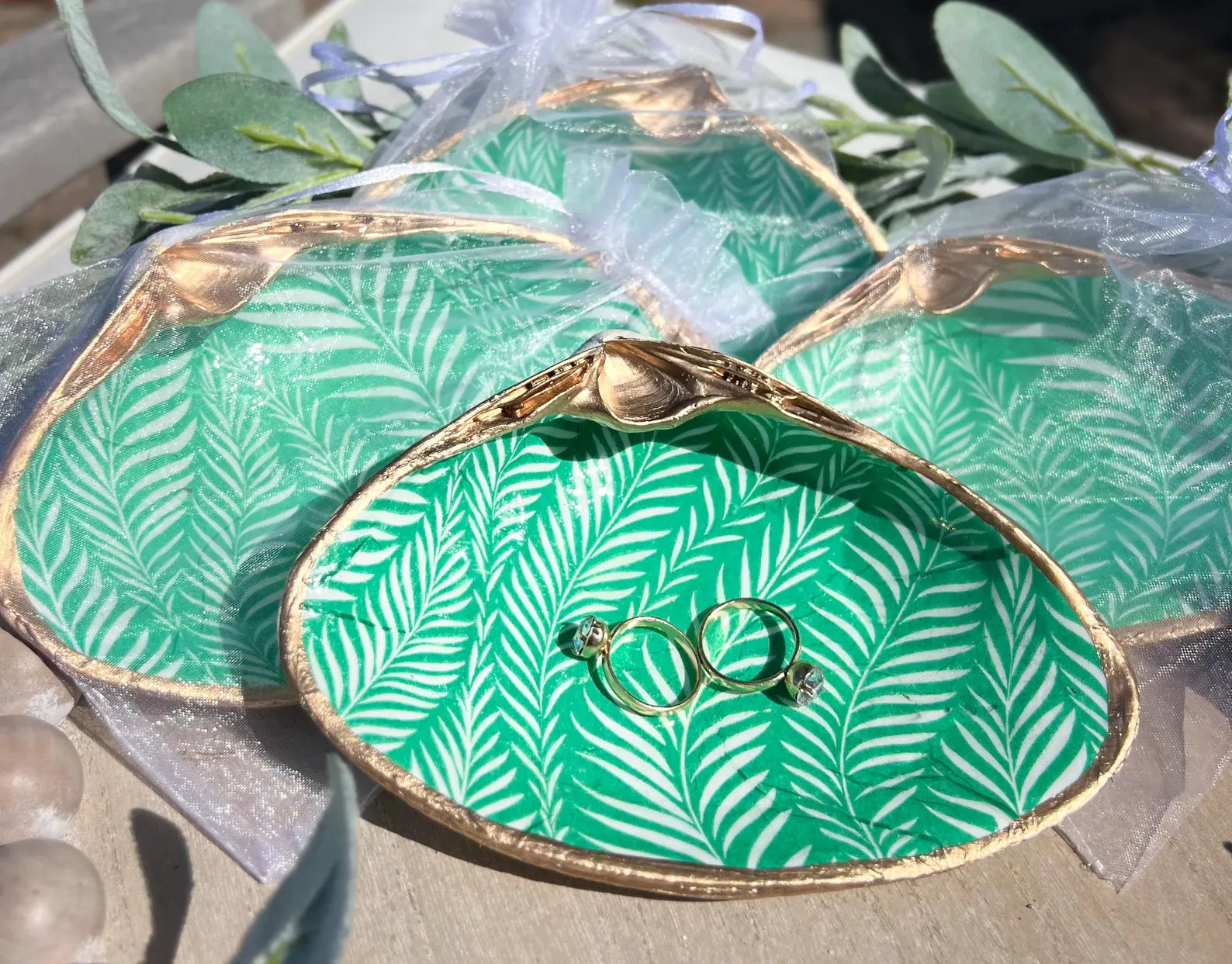 GREEN & WHITE tropical shell ring dish bridal shower favor