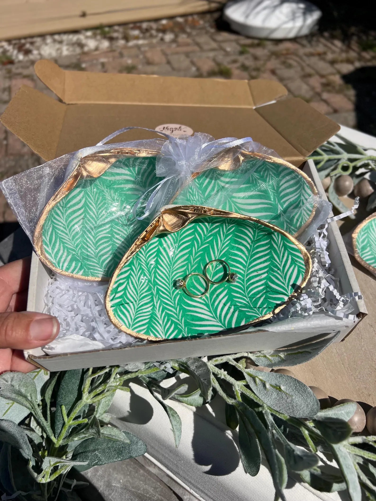 GREEN & WHITE tropical shell ring dish bridal shower favor