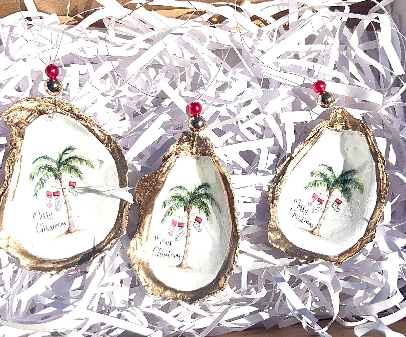 Holiday palm tree oyster shell Ornament. Seashell christmas ornament.