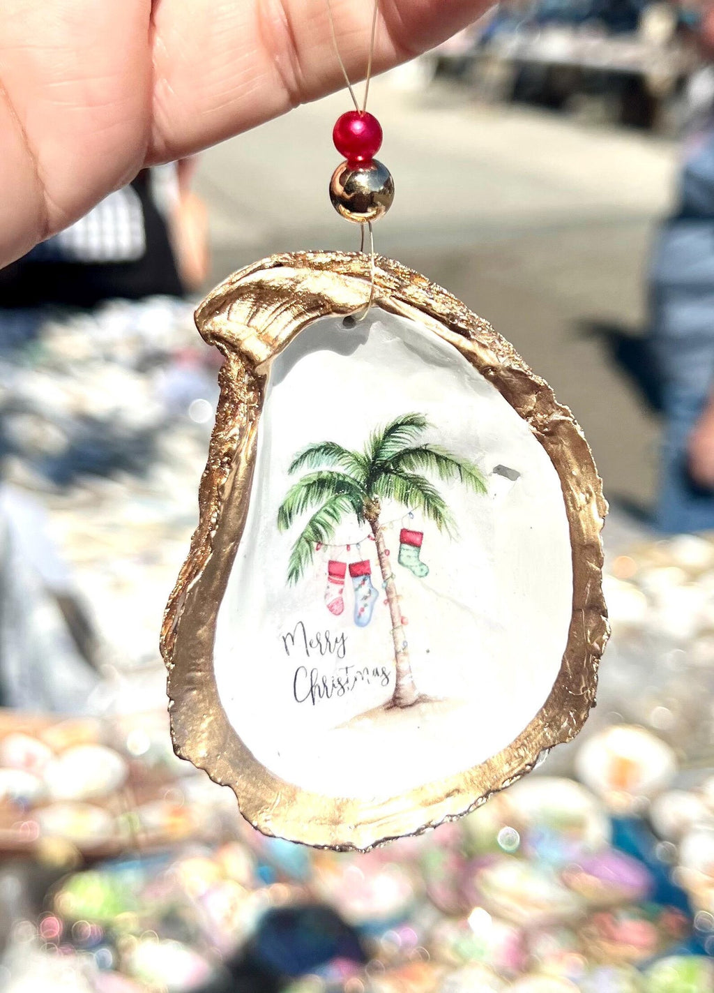 Holiday palm tree oyster shell Ornament. Seashell christmas ornament.