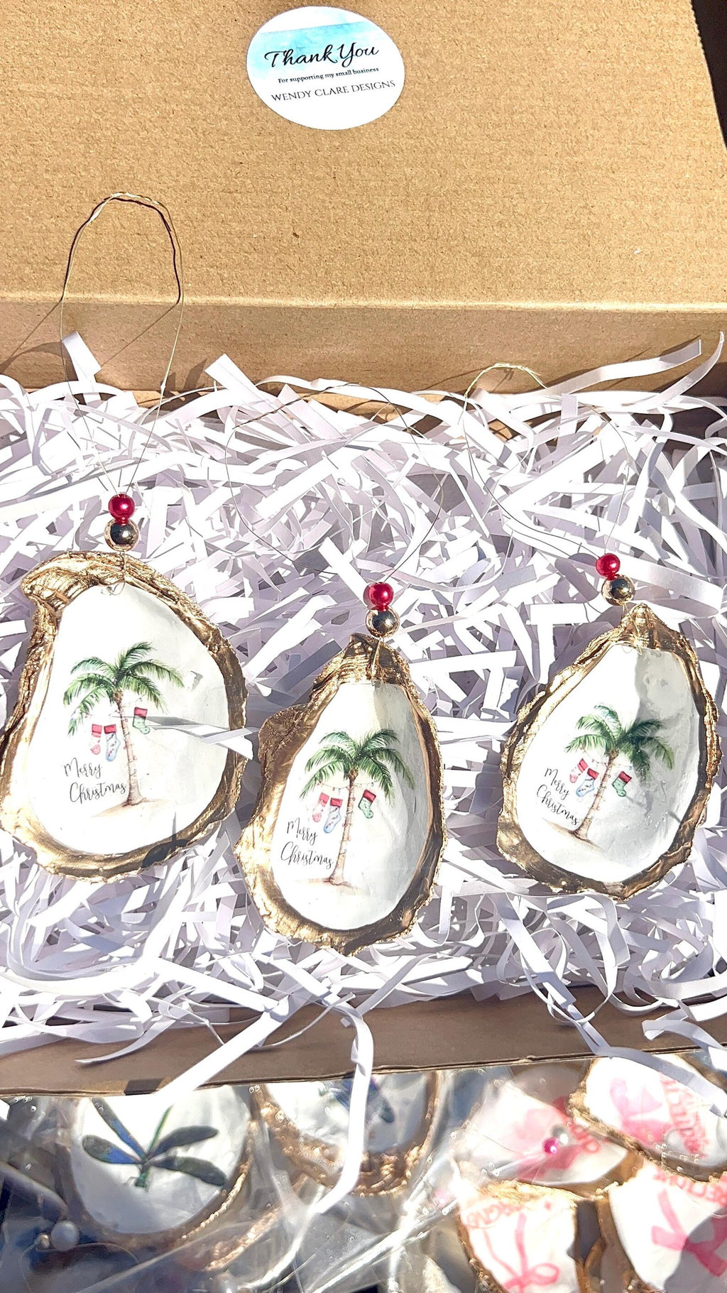 Holiday palm tree oyster shell Ornament. Seashell christmas ornament.