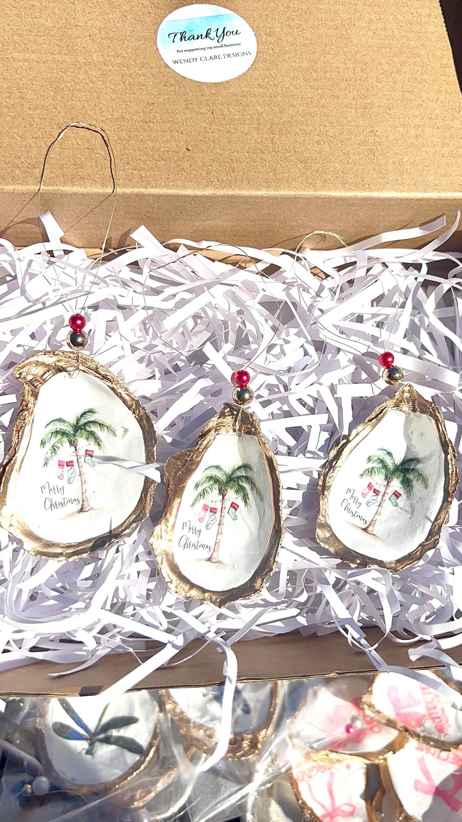 Holiday palm tree oyster shell Ornament. Seashell christmas ornament.