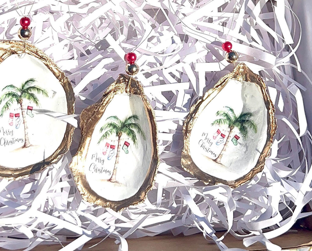 Holiday palm tree oyster shell Ornament. Seashell christmas ornament.