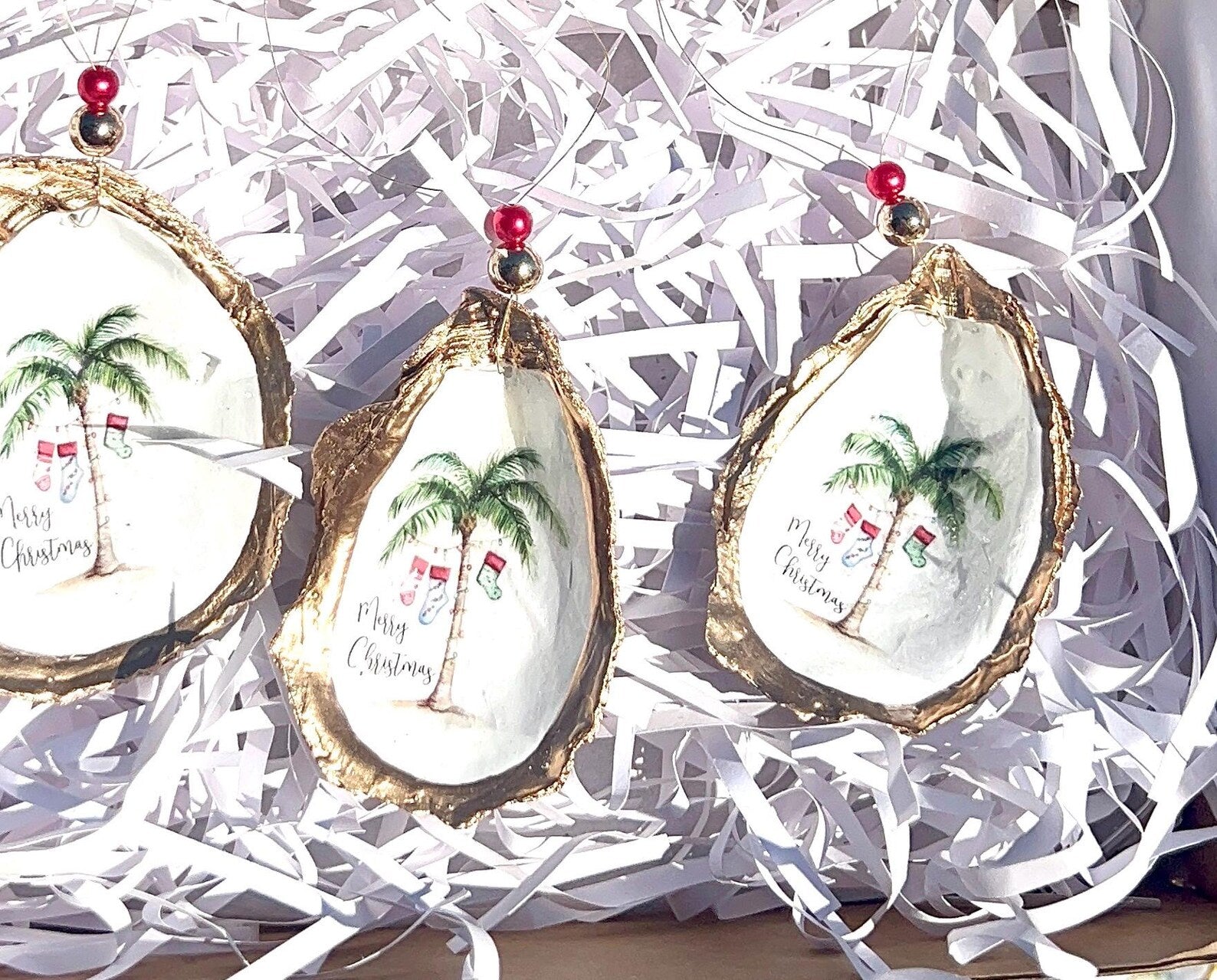 Holiday palm tree oyster shell Ornament. Seashell christmas ornament.