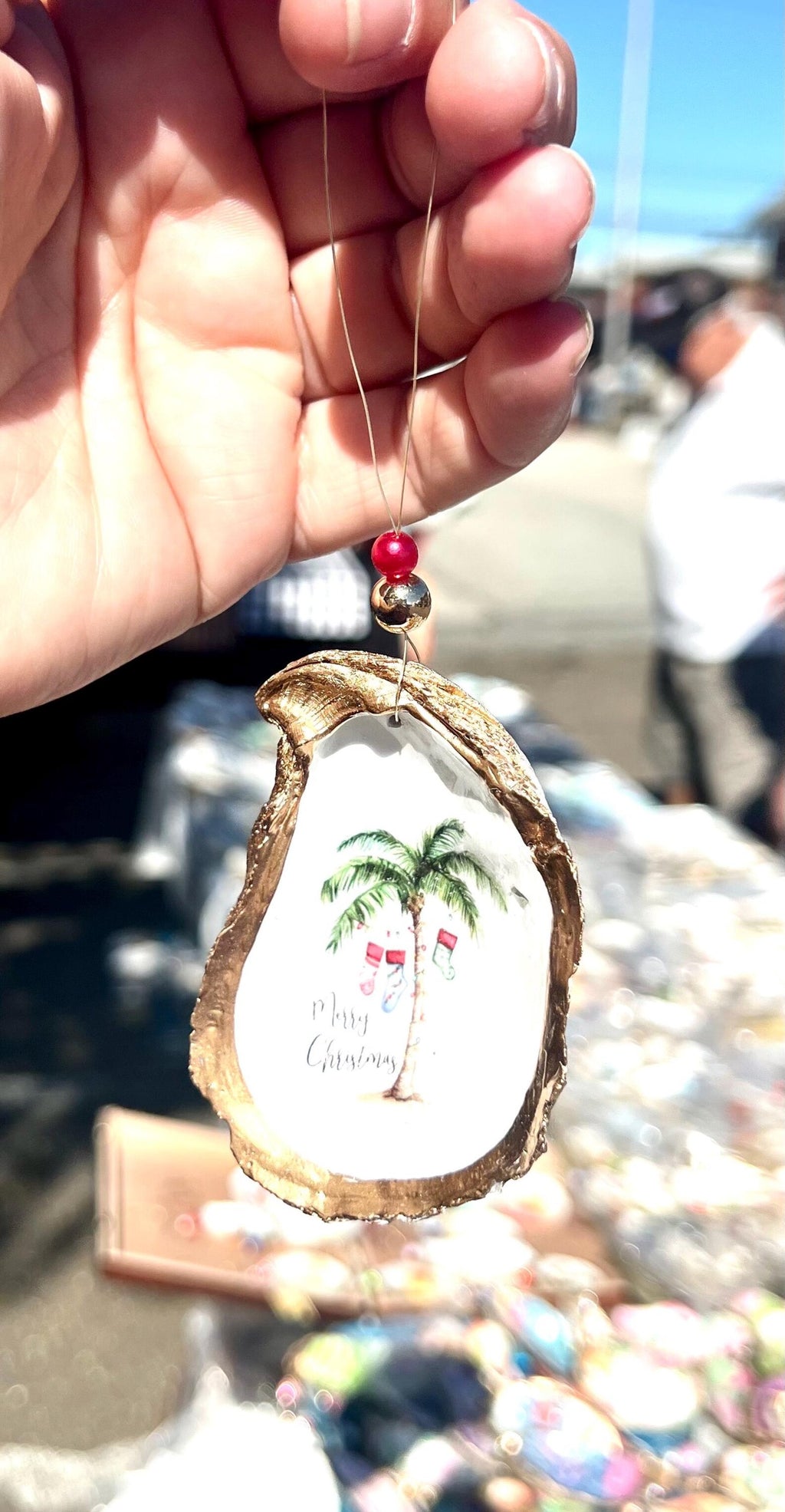 Holiday palm tree oyster shell Ornament. Seashell christmas ornament.