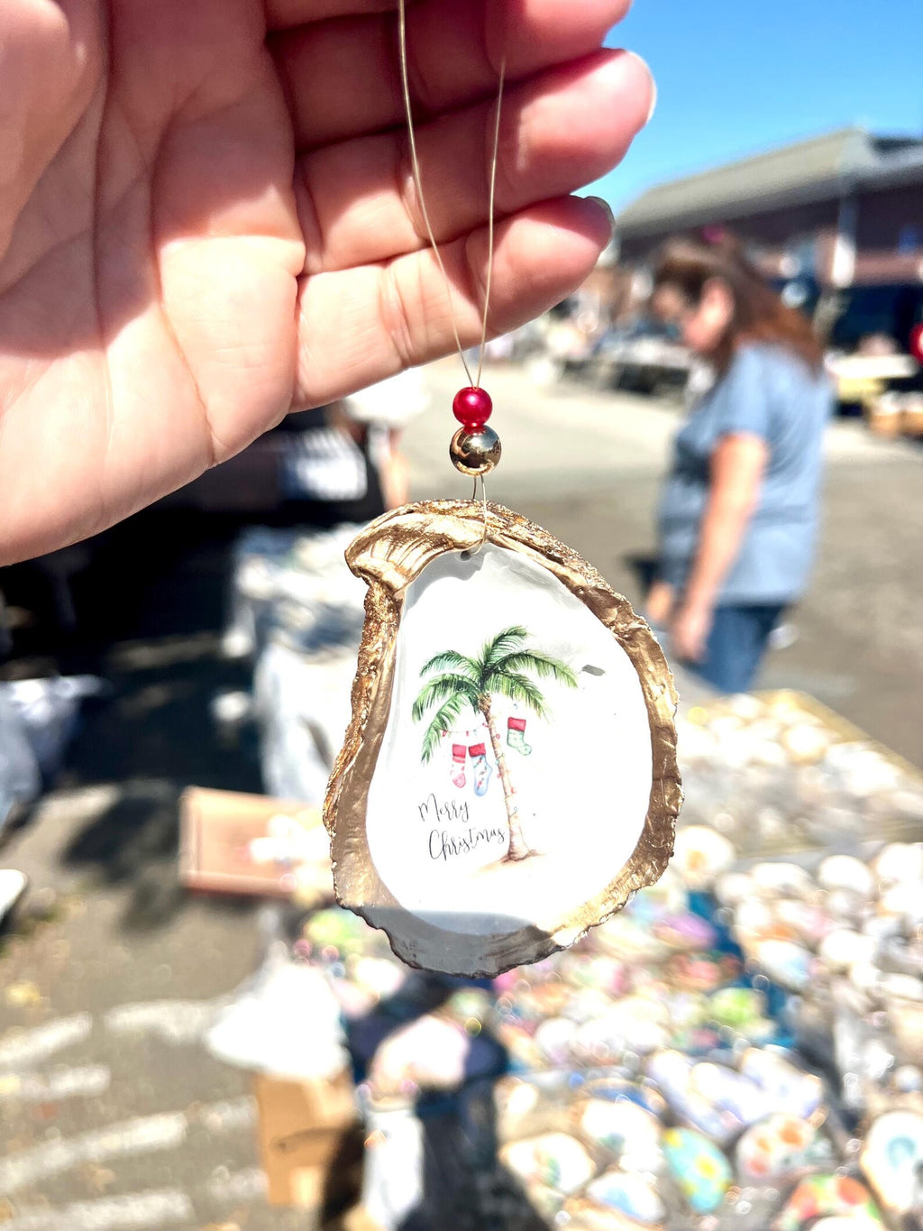 Holiday palm tree oyster shell Ornament. Seashell christmas ornament.