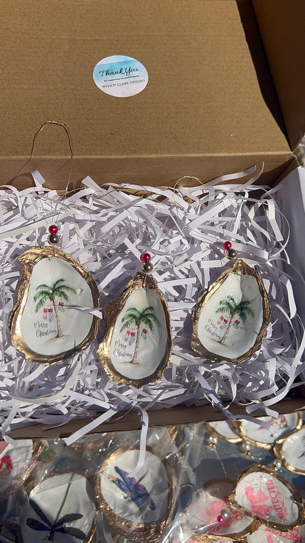 Holiday palm tree oyster shell Ornament. Seashell christmas ornament.