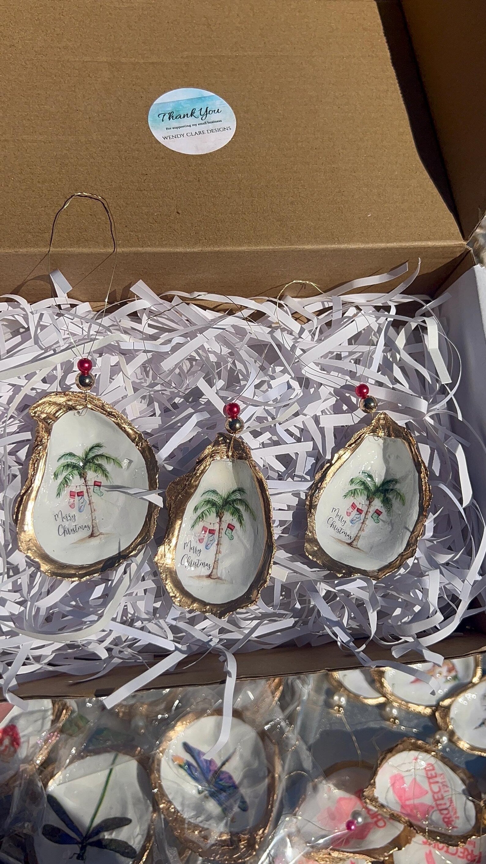 Holiday palm tree oyster shell Ornament. Seashell christmas ornament.