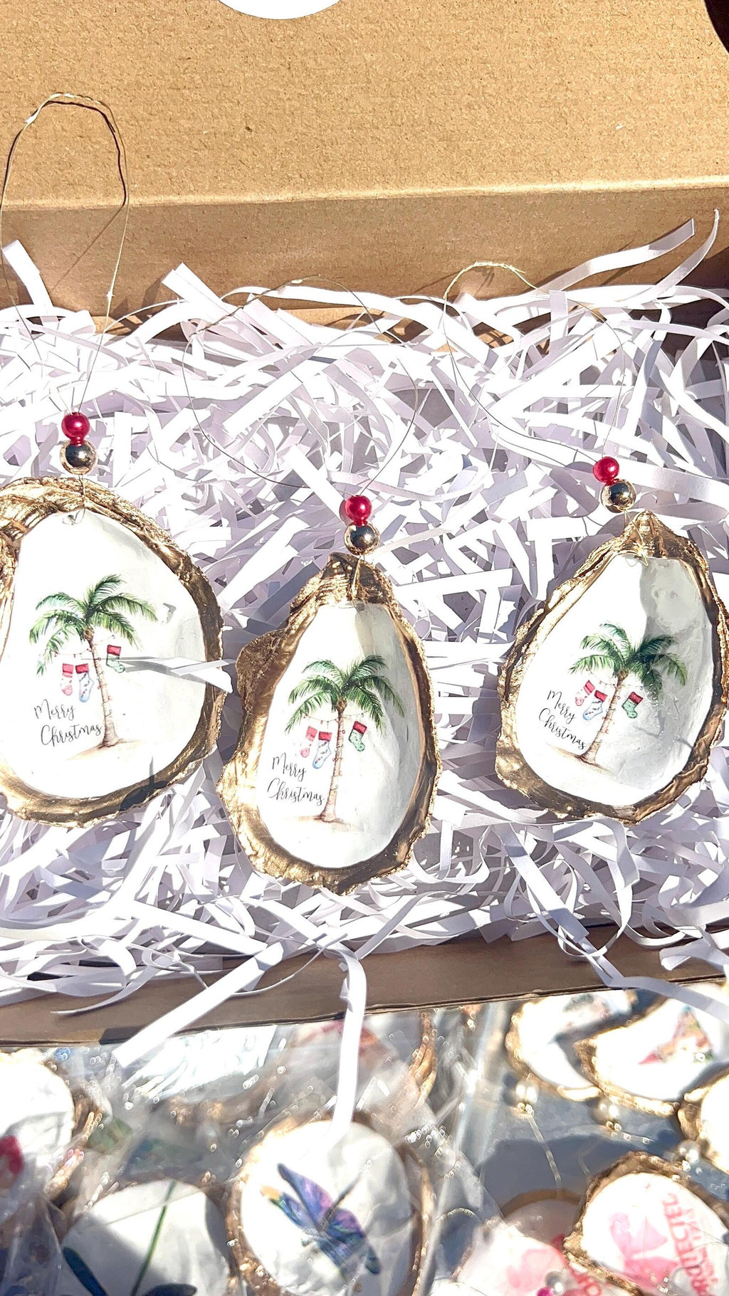 Holiday palm tree oyster shell Ornament. Seashell christmas ornament.