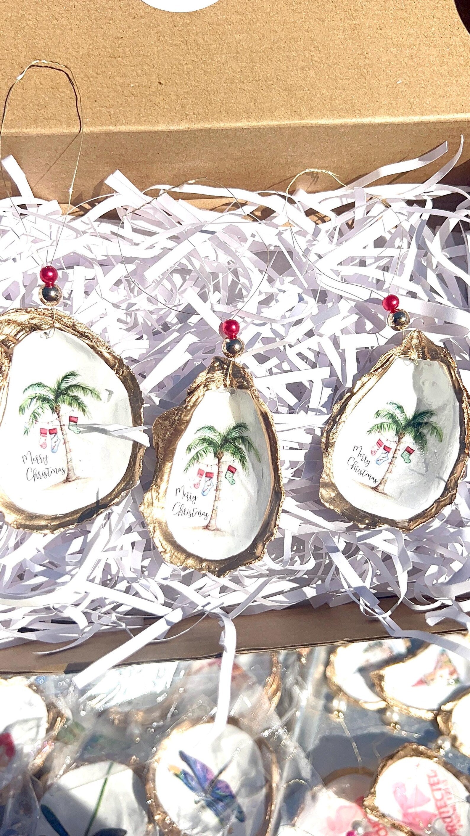 Holiday palm tree oyster shell Ornament. Seashell christmas ornament.