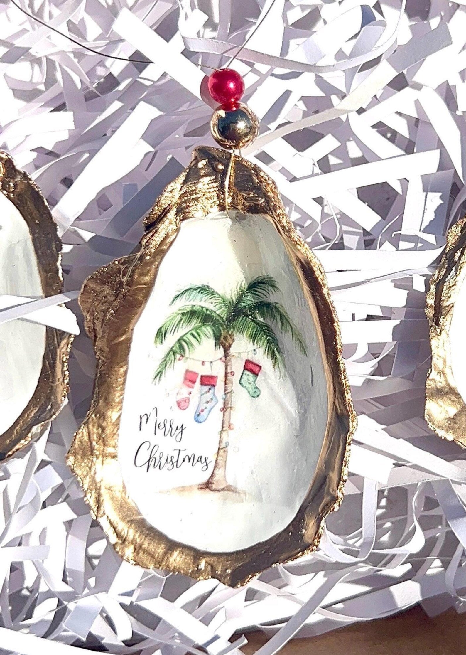 Holiday palm tree oyster shell Ornament. Seashell christmas ornament.