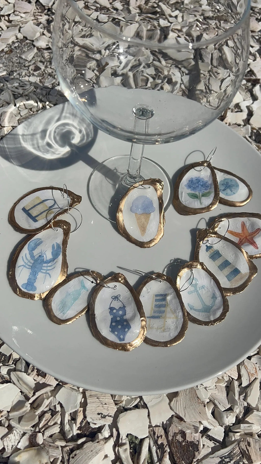 Oyster Shell Wine Charms – Coastal Wedding New England Summer Icon, Anchor, Lighthouse, Hydrangea