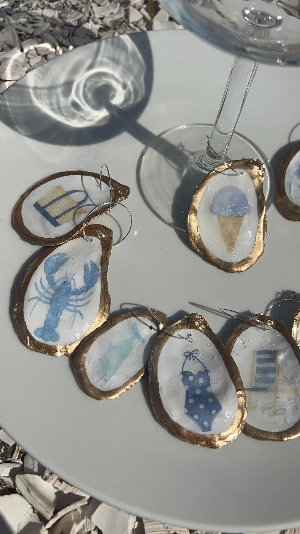 Oyster Shell Wine Charms – Coastal Wedding New England Summer Icon, Anchor, Lighthouse, Hydrangea