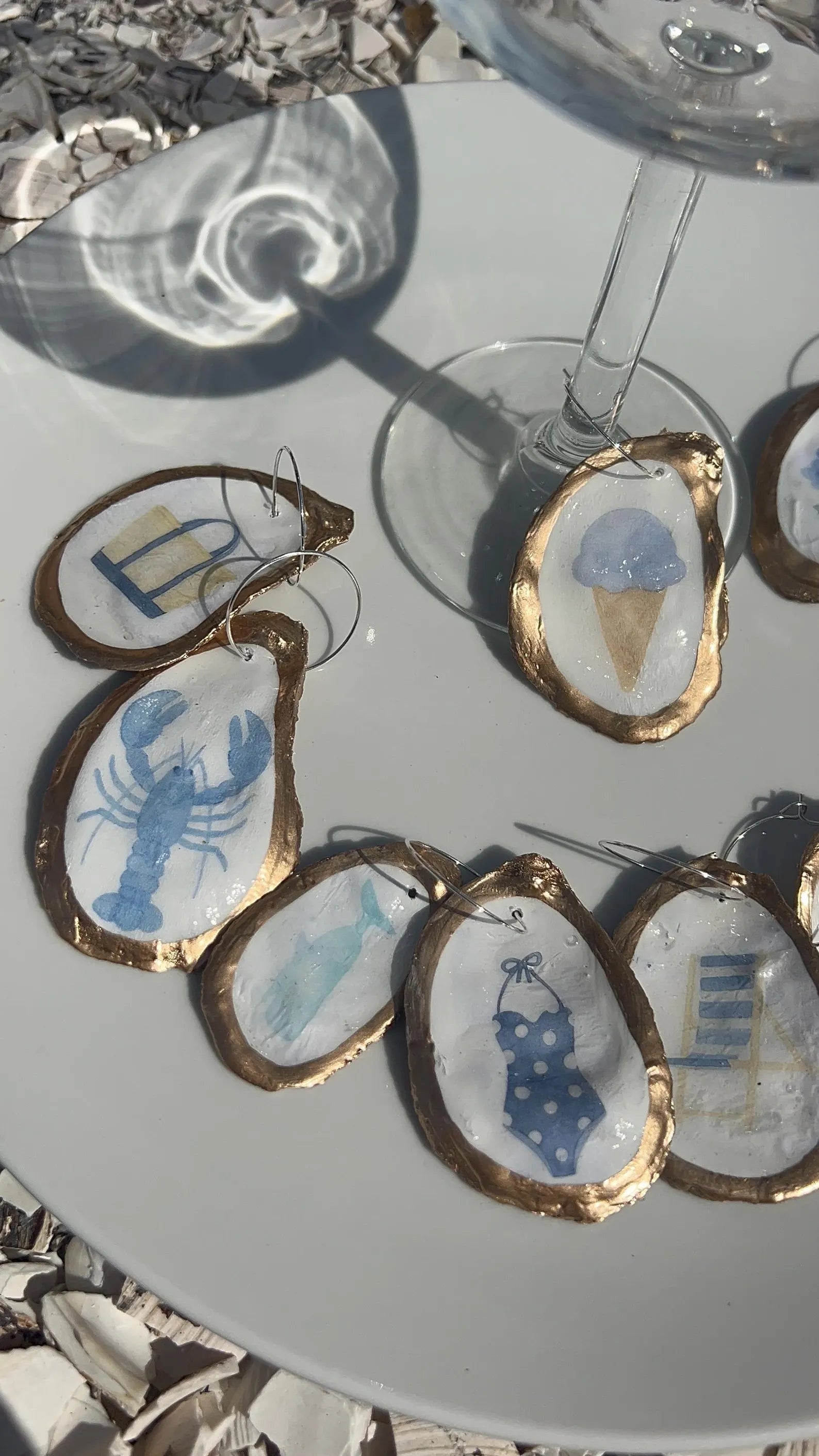 Oyster Shell Wine Charms – Coastal Wedding New England Summer Icon, Anchor, Lighthouse, Hydrangea