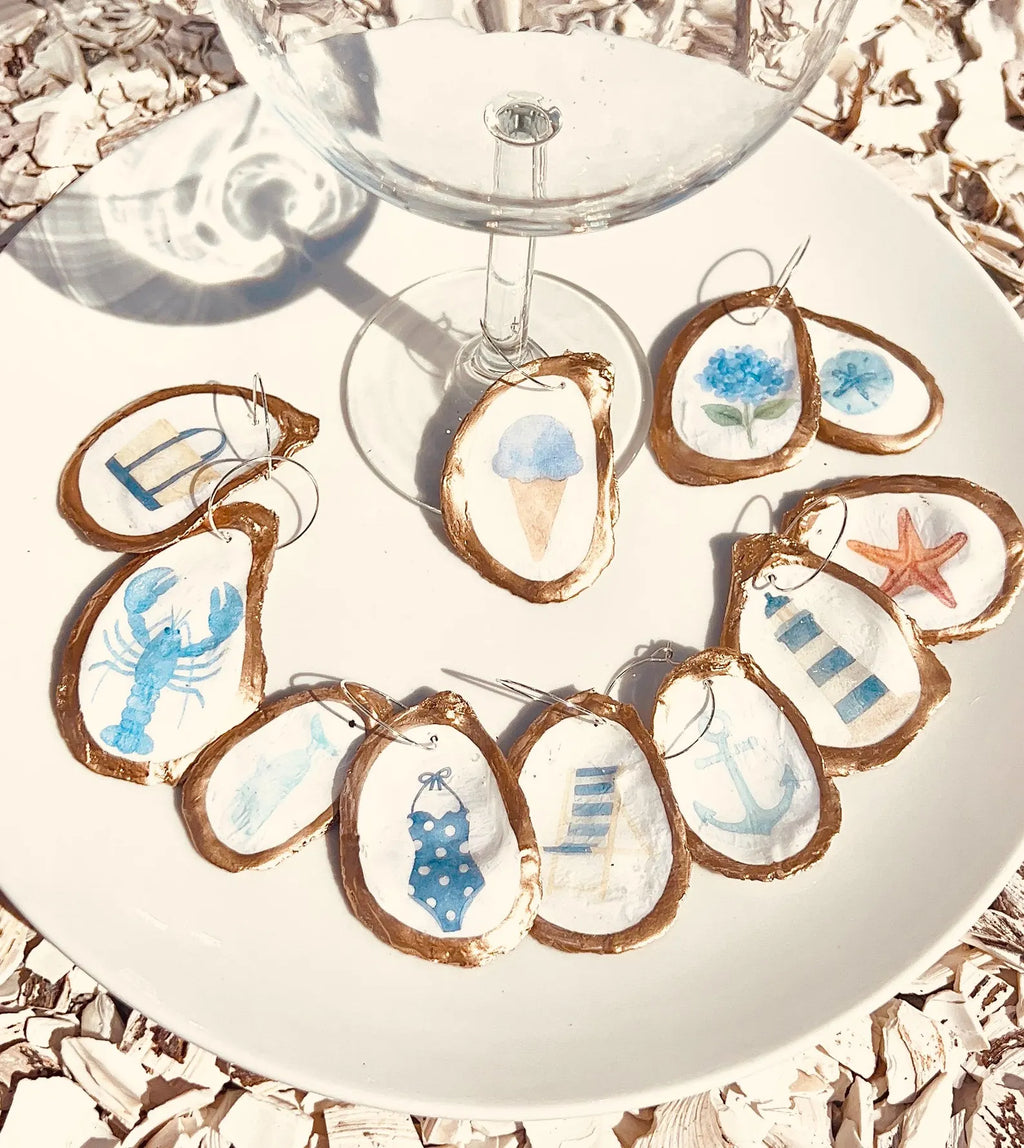 Oyster Shell Wine Charms – Coastal Wedding New England Summer Icon, Anchor, Lighthouse, Hydrangea