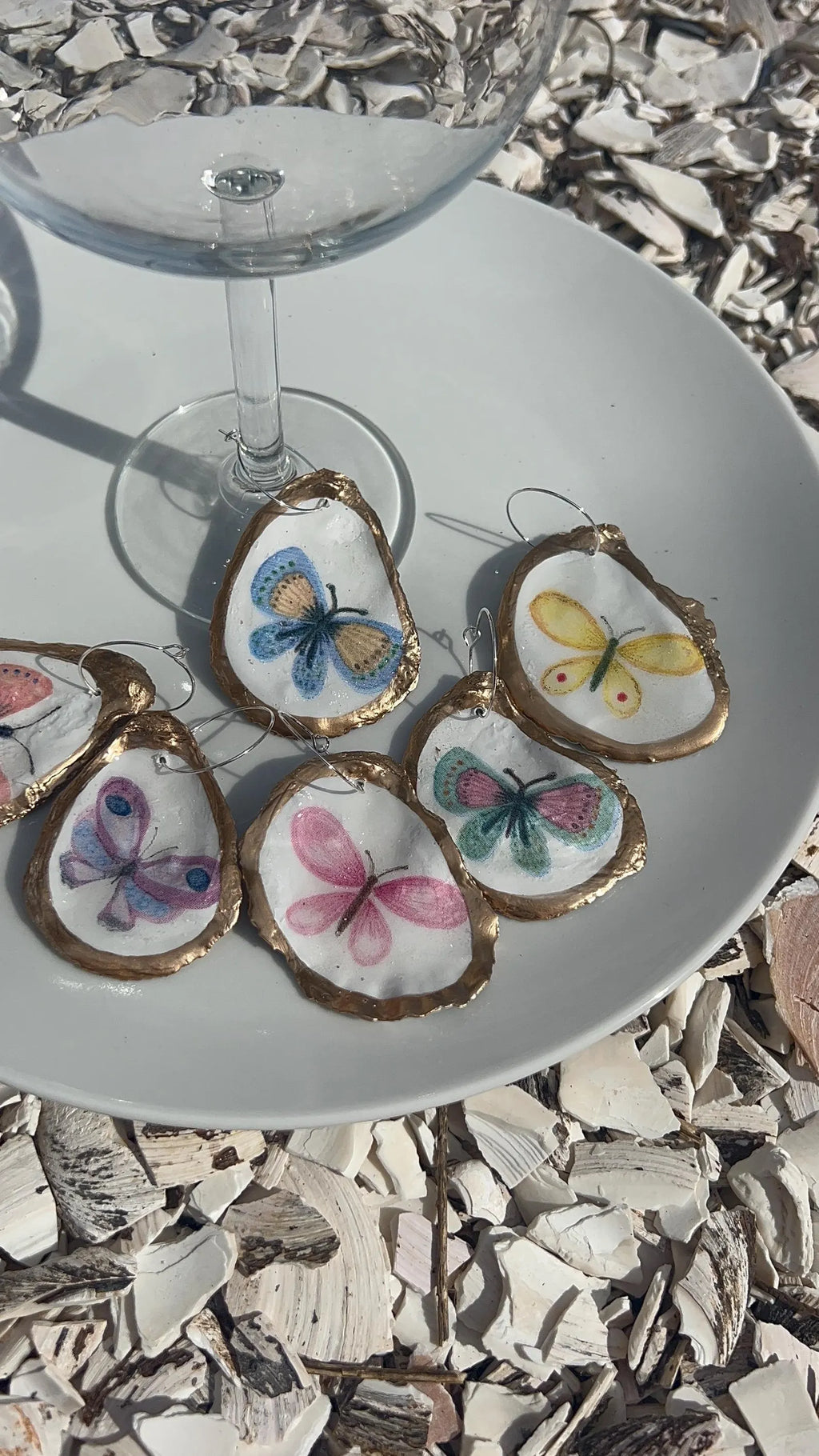 Pastel Butterfly Oyster Shell Wine Charms - Spring Garden Wedding Decor