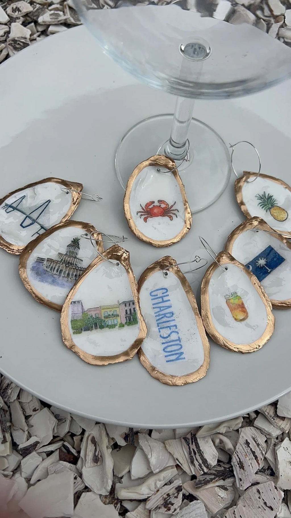Charleston Coastal Oyster Shell Wine Charms
